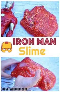 an iron man slime is being made out of plastic and then covered in glitter