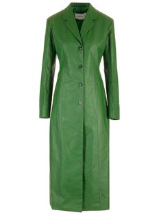 Forset green linen long coat form Ferragamo, with fitted silhouette, lapel collar, single-breasted 3 buttons, armholes with cut-out for a double styling option. Chic Long Green Outerwear, Green Long Outerwear For Workwear, Elegant Green Outerwear With Hidden Button Closure, Green Long Outerwear For Work, Green Outerwear With Notch Lapel And Hidden Buttons, Green Outerwear With Hidden Button Closure And Notch Lapel, Fitted Long Green Outerwear, Fitted Green Outerwear With Hidden Button Closure, Spring Business Green Outerwear