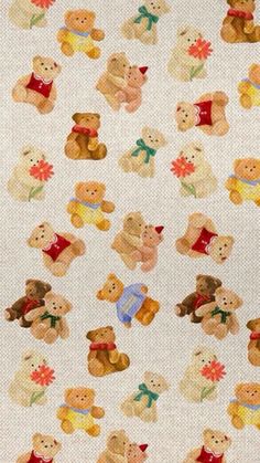 a bunch of teddy bears on a white background with red and yellow flowers in the middle