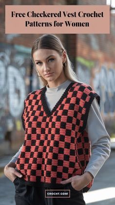 a woman wearing an orange and black vest with the words free checkered vest crochet patterns for women