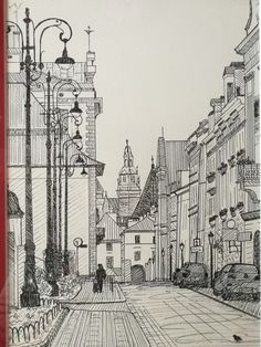 a drawing of a city street with people walking down it