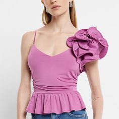 This Nwt New With Tags, Unused And Unworn V-Neck One Shoulder Rosette Flower Peplum Cami In Purple By Express. Size Small. Feminine Peplum Party Top, Feminine Peplum Top For Party, V-neck Peplum Top For Summer, Chic V-neck Peplum Top For Summer, Feminine Spring Peplum Party Top, Feminine Spring Peplum Top For Party, Spring Elegant V-neck Peplum Top, V-neck Peplum Top For Party, Summer Party Peplum Top