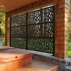 a hot tub sitting under a wooden structure