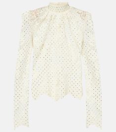 Polka-dot lace blouse in white - Self Portrait | Mytheresa White Embellished Top For Work, Embroidered Formal Tops For Fall, Chic Formal Tops With Floral Embroidery, Chic Fitted Blouse With Floral Embroidery, Polyamide Long Sleeve Party Tops, Chic Embroidered Tops For Work, Chic Embroidered Workwear Tops, Long Sleeve Broderie Anglaise Blouse For Fall, Broderie Anglaise Long Sleeve Blouse For Fall