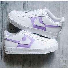 Custom Off And On Nike Air Force 1s Please Buy Correct Size! No Returns/Refunds/Exchanges!!!! Custom Made! Nike Air Force 1 Low’s Are One Of The Cleanest And Best Sneakers Around With A Slightly Cheaper Price Tag! Combined With The Simple Lilac Colour-Way They Become A Customised Wonder And A Pair Of Kicks Any Sneakerhead Can Rock With Confidence With Any Outfit! This Design Is Painted Using Angelus Acrylic Leather Paints For The Highest Quality Finish Possible On Custom Shoes! White Slip On Vans, Painted Nikes, Nike Air Force 1 Custom, Nike Air Force One, Nike Air Force 1s, Painted Sneakers, Air Force 1s, Purple Nikes, Air Force 1 Custom