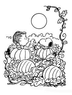 a black and white drawing of two pumpkins in the ground with leaves around them