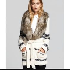 Juicy Couture White Fair Isle Belted Cardigan With Removable Faux Fur Collar. [Model Pic For Styling Purposes Only] Designer White Fall Cardigan, Designer White Cardigan For Fall, Designer White Winter Cardigan, Collar Model, Fair Isle Cardigan, Belted Cardigan, Faux Fur Collar, Fur Collars, Fur Collar