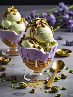 two bowls filled with ice cream next to spoons and lavender sprinkles