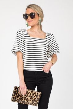 Stripe Square Neck Knit Top :: NEW ARRIVALS :: The Blue Door Boutique Stretch Puff Sleeve Top For Day Out, Casual Fitted Square Neck Knit Top, Striped Puff Sleeve Top For Summer, Trendy Tops With Built-in Bra And Square Neck, Fitted Multicolor Square Neck Tops, Fitted Knit Top With Square Neck, Trendy Striped Puff Sleeve Top, Cotton Fitted Top T-shirt With Square Neck, Striped Cotton Puff Sleeve Top