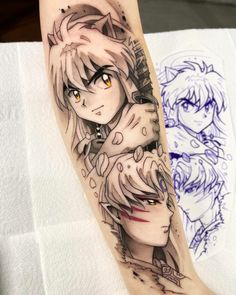 a woman's leg with an anime character tattoo on the left side of her arm