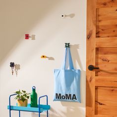 there is a blue bag hanging on the wall next to a shelf with plants and bottles