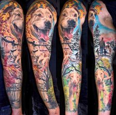 three different tattoos on the arms of men with dogs and trees in them, all done by