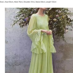 Elegant Green Chiffon Maxi Dress Gown With Ruffle Detail And Matching Belt With Appliqu Flowers. Spring Summer New O-Neck Flare Sleeve Dress. Size L With Measurements Listed Above Picture. Luisa Beccaria, Dress Wedding Guest, Dreamy Dress, Mother Of The Bride Dress, Chiffon Long Sleeve, Dress Wedding, Fancy Dresses, Dream Dress, Bride Dress