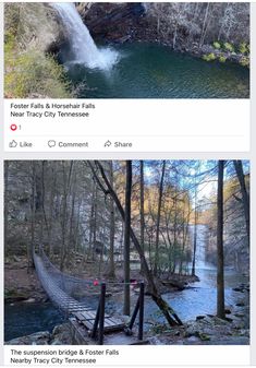 two screenshots show the same river and waterfall as well as an image of a bridge