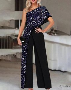 Lasaky - Stylish Wide Leg Pants with Fashionable Printed Jumpsuit Casual Wide Leg Jumpsuits And Rompers For Party, Casual Wide-leg Jumpsuits And Rompers For Party, Casual Full-length Jumpsuit For Party, Casual Full-length Jumpsuits And Rompers For Party, Casual Party Overalls, Blue Casual Evening Jumpsuits And Rompers, Casual Blue Jumpsuits And Rompers For Evening, Women's Jumpsuit, Party Rompers