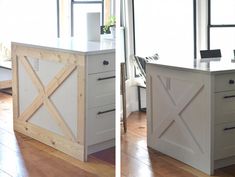 two pictures of a kitchen island made out of wooden planks and white cabinets with sliding doors