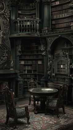 an old library with many bookshelves and tables