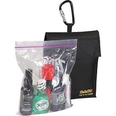 a clear bag with two bottles in it and a lanyard hanging from the side