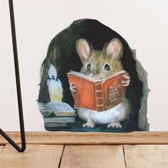 a painting of a mouse reading a book