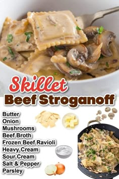 the recipe for skillet beef stroganoni is shown in this image with ingredients to make it