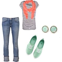 Love the coral and turquoise and stripes Modest Wardrobe, Girls Stuff, Dressed To The Nines, Hair Clothes, Stripe Shirt, Cute Fashion, Style Me Pretty, Passion For Fashion, Summer Fun