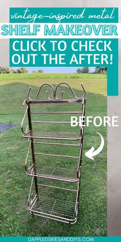 an old metal rack has been transformed into a shelf to makeover it's stand out