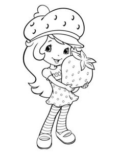 strawberry shortcake holding a pillow in her hands coloring pages for kids, printable