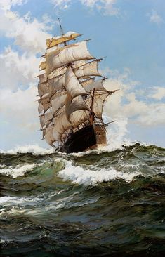 an oil painting of a sailing ship in rough seas