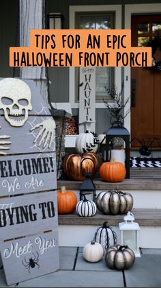 halloween porch decorations with pumpkins and skeletons on the steps