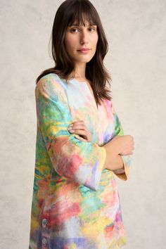 Inject a little joie de vivre into your wardrobe with our Printed Linen Tunic. Featuring pastel tones that come together to create a stunning Abstract Landscape print, this tunic features top stitch detailing along the notched neckline and chic side button detailing. Wear it with our Full Length Waist Tab Linen Pant in Natural Cross Dye for a complete spring-inspired look. Notched Neckline, Linen Pant, Homewares Shop, Scarf Poncho, Linen Tunic, Spring Inspiration, Linen Shop, French Inspired, Printed Linen