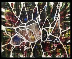 an abstract painting with many different colors and shapes on it's surface, including trees