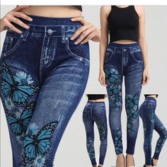 Jeans Look Leggings With Butterfly Print Trendy And Perfect This Time Of Year Jeans Look Leggings With Butterflies Print Polyester See Sizing Chart For Recommendations (Asian Sizing Runs Smaller) Thank You For Checking Out My Closet Please Message Me With Any Questions Before You Purchase Trendy High Waist Blue Leggings, Spring Fitted Denim Leggings, Stretch Denim Blue Leggings For Spring, Spring Blue Mid-rise Jeggings, Casual Blue Non-stretch Leggings, Casual Non-stretch Blue Leggings, Blue Non-stretch Casual Jeggings, Casual Non-stretch Blue Jeggings, Fitted Blue Jeggings For Spring