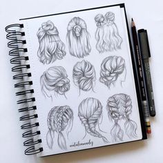 an open notebook with drawings of different hairs and ponytails on it, next to a pencil