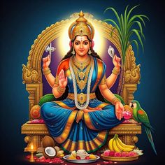 the hindu god sitting on a golden throne surrounded by fruits and flowers, with his hands in