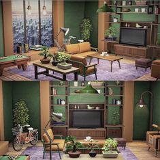 the living room is decorated in green and brown with lots of potted plants on it