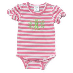 Pink monogram ruffle sleeve outfit summer outfits for beach, birthday party outfit, and sunny  days.  This Love That Cotton one piece bodysuit is embroidered with a name or monogram, made of cotton knit fabric made of 95% cotton and 5% spandex, has snaps in the crotch, round collar with binding, cute, ruffled sleeves that are gathered with elastic.  Kaileys Monogram Shop will glady send this cute customized bodysuit directly to the gift recipient with your special gift note included. Your custom Playful Short Sleeve Onesie For Spring, Fitted Short Sleeve Onesie For Spring, Fitted Short-sleeved Onesie For Spring, Casual Short Sleeve Ruffled Bodysuit, Summer Cotton Onesie With Ruffles, Cotton Onesie With Ruffles And Short Sleeves, Spring Onesie For Playtime With Stretch, Cotton Ruffle Onesie With Short Sleeves, Cotton Short Sleeve Onesie With Ruffles