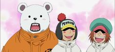 three cartoon characters wearing winter clothing and one has an angry bear on it's head