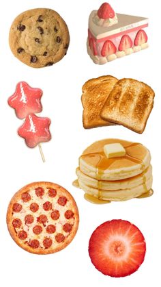 some food is arranged in the shape of a circle on a white background, including pancakes, cake, and other foods