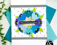 a thank you for your kindness card with blue flowers on it and green leaves in the background