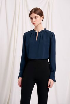 Petite Studio's Buvette Pearl Blouse in Navy - Women's Fashion Witchy Librarian, Blue Blouse Outfit, Business Attitude, Librarian Fashion, Pearl Blouse, High Fashion Clothing, Dressy Clothes, Dark Blue Blouse, Casual Cotton Top