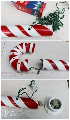 three different pictures of candy canes with green stringing on them and one is red and white