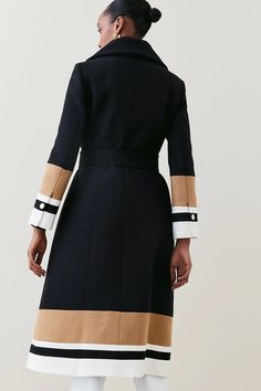 Italian Virgin Wool Colorblock Belted Wrap Coat | Karen Millen Designer Wool Coat For Work, Tailored Designer Long Sleeve Wool Coat, Designer Long Sleeve Wool Coat For Office, Designer Long Sleeve Wool Coat For Work, Designer Pea Coat For Office In Fall, Designer Tailored Wool Coat For Fall, Designer Wool Pea Coat For Office, Designer Wool Coat For Fall Workwear, Luxury Wool Sweater Coat For Fall