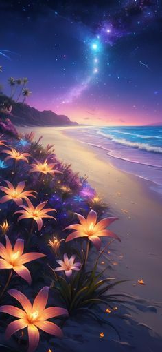 a painting of flowers on the beach at night with stars in the sky above it