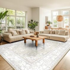 a living room filled with furniture and a large rug on top of a hard wood floor