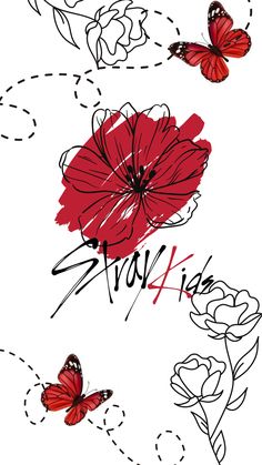 red flowers and butterflies with the word love written in black ink on a white background