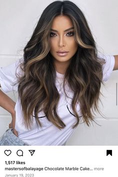 Light Balayage On Black Hair, Half Head Highlights Black Hair, Light Brown Highlights On Black Hair, Brown Dimensional Hair, Espresso Balayage, Black Hair With Brown Highlights, Medium Length Hair With Bangs, Darker Hair, Baby Lights