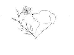 a black and white drawing of a dog smelling a flower