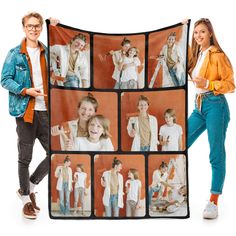 a man and woman holding up a blanket with photos of children in them on it