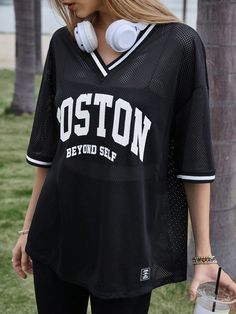 Women's Mesh Digital Printed Loose T-Shirt Black Casual  Half Sleeve Woven Fabric Letter,Striped  Slight Stretch  Women Clothing, size features are:Bust: ,Length: ,Sleeve Length: Lisa Plaid Shirt, Black V-neck Top For College, Stretch Summer Tops For College, Summer Streetwear V-neck Tops, V-neck Tops For Summer Streetwear, Stretch V-neck Top For Streetwear, Letter Print V-neck Top For Streetwear, V-neck Letter Print Top For Streetwear, College Stretch T-shirt With Letter Print