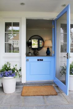 a blue front door with potted plants and a mirror on the wall above it